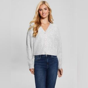 GUESS Heather Gray Eco Riley Sequin Cardigan Logo Buttons Size Large NWT